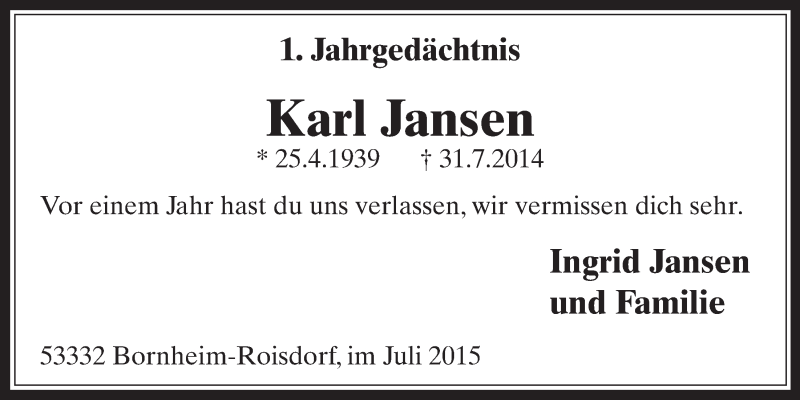  Traueranzeige für Karl Jansen vom 29.07.2015 aus  Schaufenster/Blickpunkt 