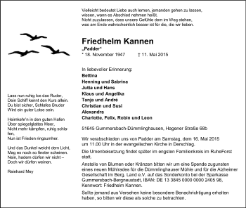 Anzeige von Friedhelm Kannen von Kölner Stadt-Anzeiger / Kölnische Rundschau / Express