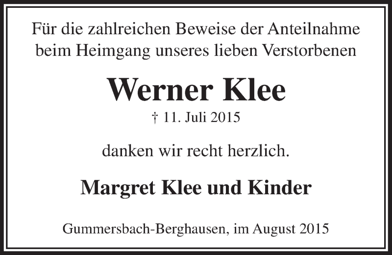  Traueranzeige für Werner Klee vom 12.08.2015 aus  Anzeigen Echo 