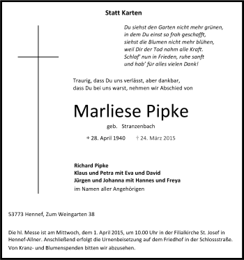 Anzeige von Marliese Pipke von Kölner Stadt-Anzeiger / Kölnische Rundschau / Express