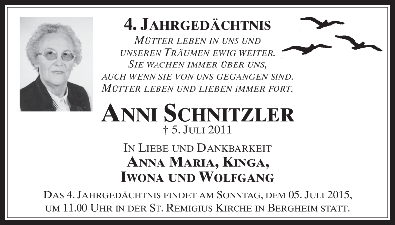  Traueranzeige für Anni Schnitzler vom 01.07.2015 aus  Werbepost 