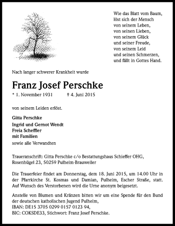 Anzeige von Franz Josef Perschke von Kölner Stadt-Anzeiger / Kölnische Rundschau / Express