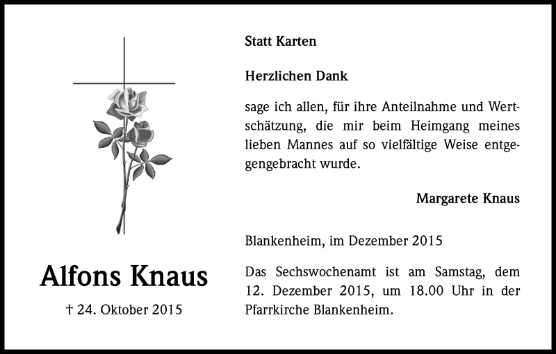  Traueranzeige für Alfons Knaus vom 02.12.2015 aus Kölner Stadt-Anzeiger / Kölnische Rundschau / Express