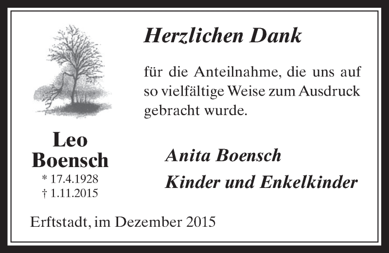  Traueranzeige für Leo Boensch vom 02.12.2015 aus  Werbepost 