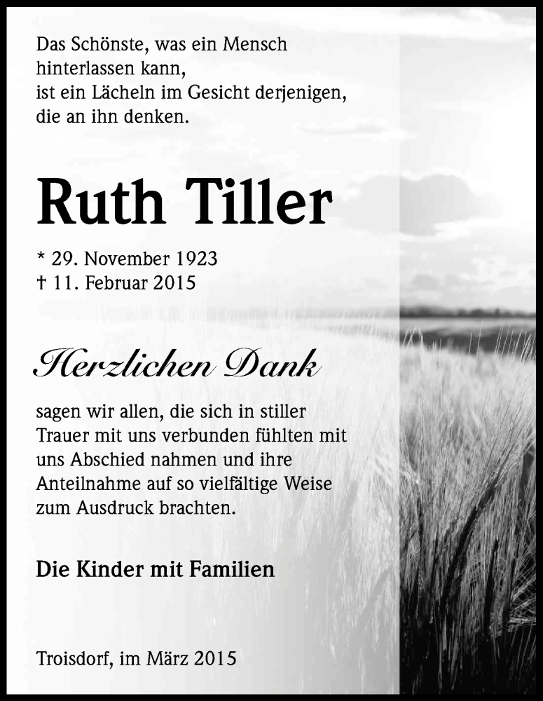  Traueranzeige für Ruth Tiller vom 14.03.2015 aus Kölner Stadt-Anzeiger / Kölnische Rundschau / Express