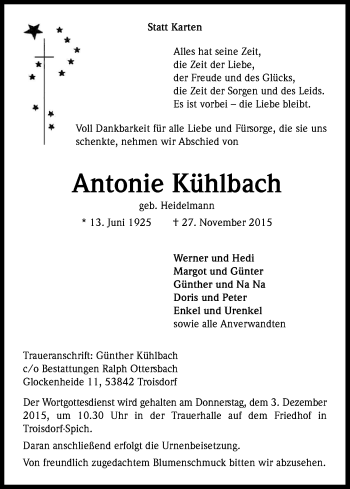 Anzeige von Antonie Kühlbach von Kölner Stadt-Anzeiger / Kölnische Rundschau / Express