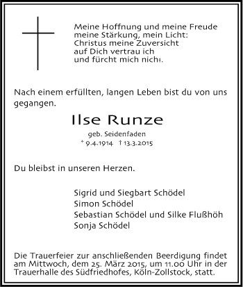 Anzeige von Ilse Runze von Kölner Stadt-Anzeiger / Kölnische Rundschau / Express