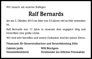 Anzeige von Ralf Bernards von Kölner Stadt-Anzeiger / Kölnische Rundschau / Express