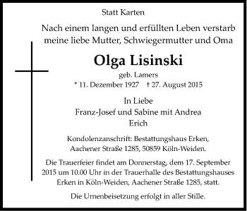 Anzeige von Olga Lisinski von Kölner Stadt-Anzeiger / Kölnische Rundschau / Express