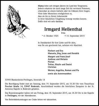 Anzeige von Irmgard Hellenthal von Kölner Stadt-Anzeiger / Kölnische Rundschau / Express