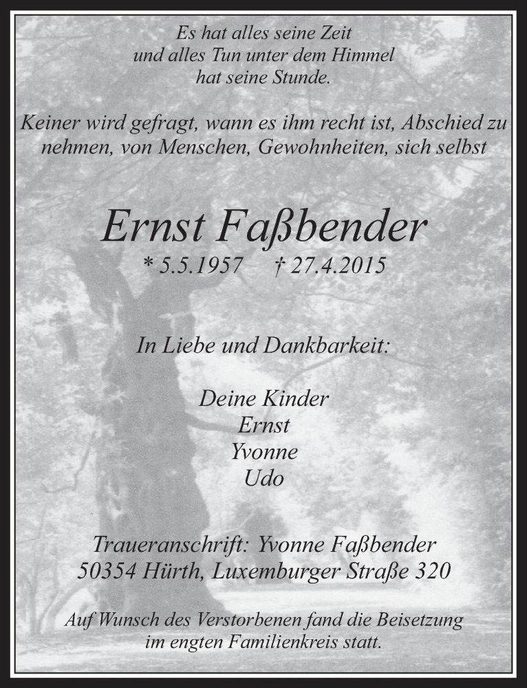  Traueranzeige für Ernst Faßbender vom 06.05.2015 aus  Wochenende 