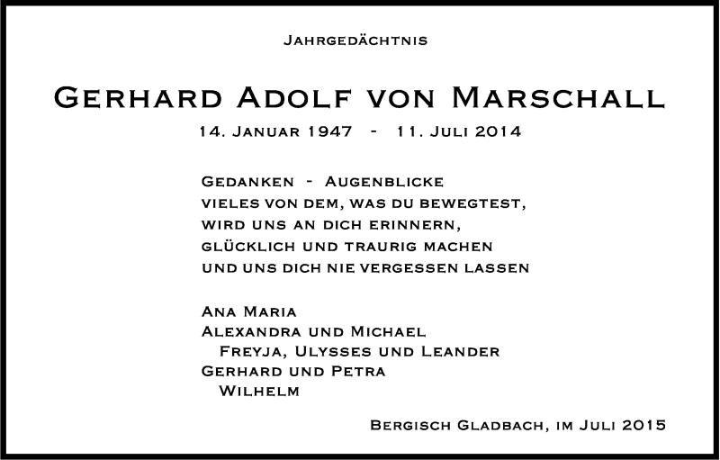  Traueranzeige für Gerhard Adolf  von Marschall vom 11.07.2015 aus Kölner Stadt-Anzeiger / Kölnische Rundschau / Express