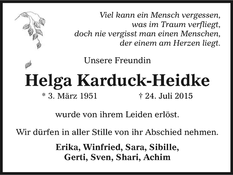  Traueranzeige für Helga    Karduck-Heidke vom 07.08.2015 aus Kölner Stadt-Anzeiger / Kölnische Rundschau / Express