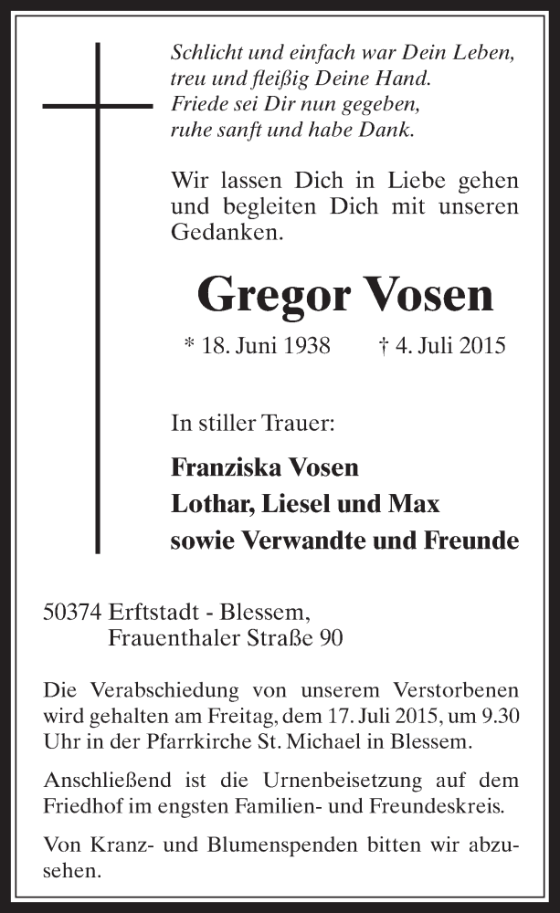 Traueranzeige für Gregor Vosen vom 15.07.2015 aus  Werbepost 