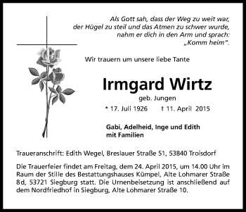 Anzeige von Irmgard Wirtz von Kölner Stadt-Anzeiger / Kölnische Rundschau / Express