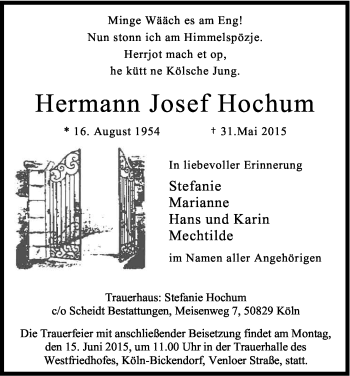 Anzeige von Hermann Josef Hochum von Kölner Stadt-Anzeiger / Kölnische Rundschau / Express
