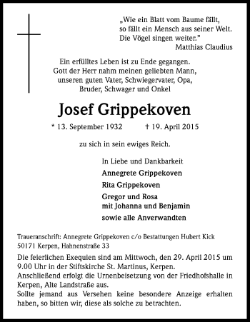 Anzeige von Josef Grippekoven von Kölner Stadt-Anzeiger / Kölnische Rundschau / Express