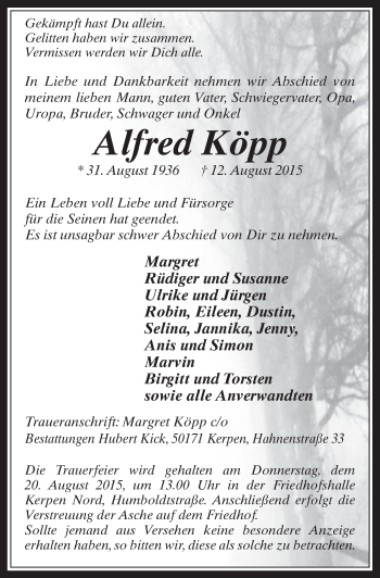Anzeige von Alfred Köpp von  Werbepost 
