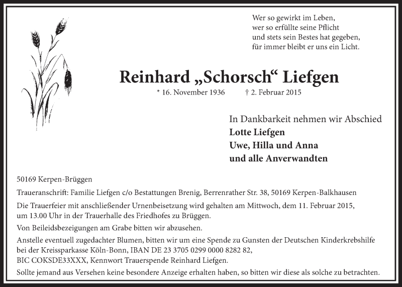  Traueranzeige für Reinhard Liefgen vom 07.02.2015 aus  Sonntags-Post 