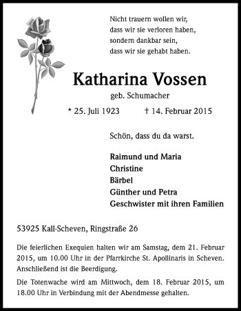 Anzeige von Katharina Vossen von Kölner Stadt-Anzeiger / Kölnische Rundschau / Express
