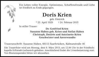 Anzeige von Doris Krien von Kölner Stadt-Anzeiger / Kölnische Rundschau / Express
