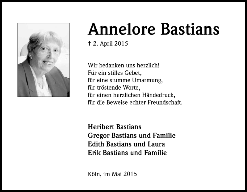 Traueranzeige für Annelore Bastians vom 09.05.2015 aus Kölner Stadt-Anzeiger / Kölnische Rundschau / Express