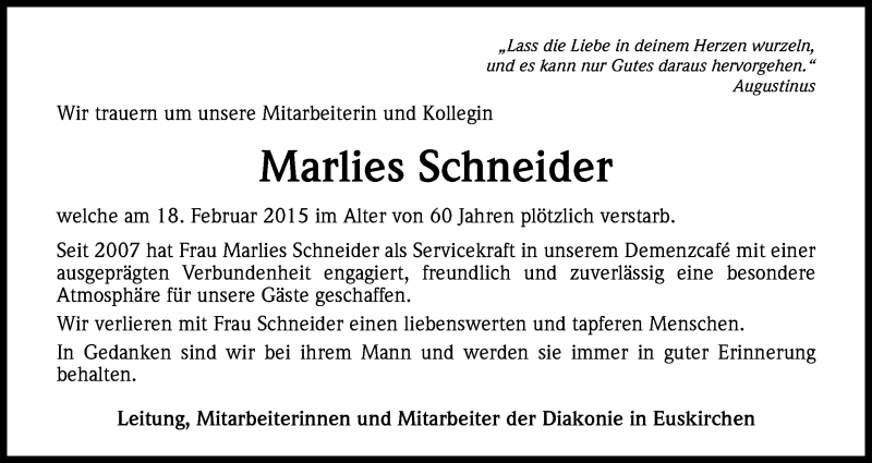  Traueranzeige für Marlies Schneider vom 21.02.2015 aus Kölner Stadt-Anzeiger / Kölnische Rundschau / Express