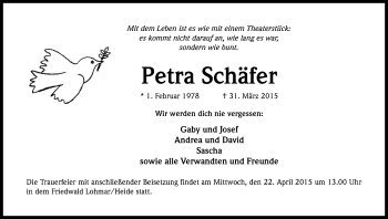 Anzeige von Petra Schäfer von Kölner Stadt-Anzeiger / Kölnische Rundschau / Express