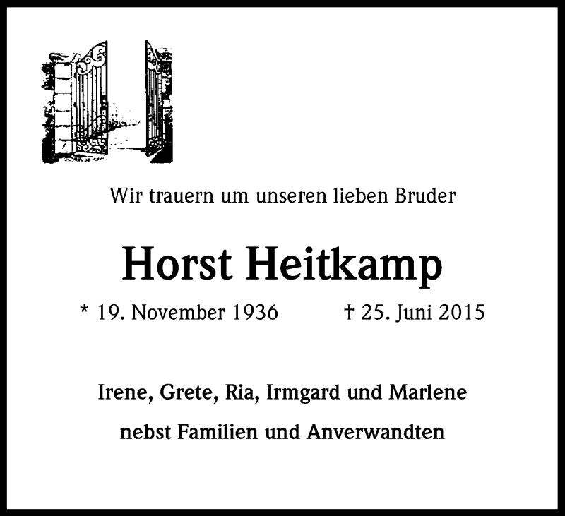  Traueranzeige für Horst Heitkamp vom 27.06.2015 aus Kölner Stadt-Anzeiger / Kölnische Rundschau / Express