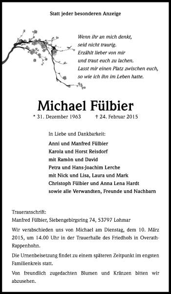 Anzeige von Michael Fülbier von Kölner Stadt-Anzeiger / Kölnische Rundschau / Express