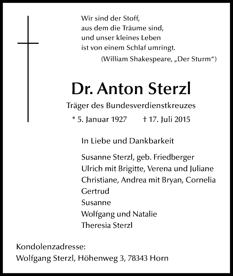  Traueranzeige für Anton Sterzl vom 25.07.2015 aus Kölner Stadt-Anzeiger / Kölnische Rundschau / Express