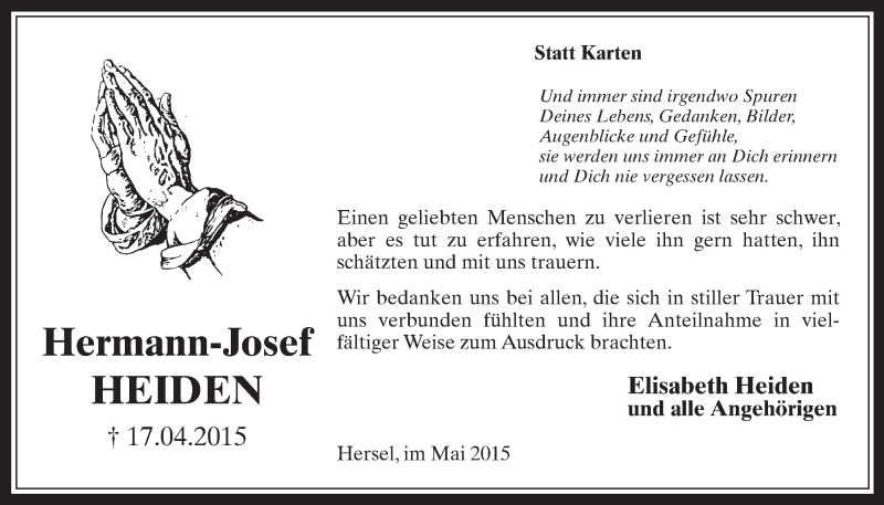  Traueranzeige für Hermann-Josef Heiden vom 06.05.2015 aus  Schaufenster/Blickpunkt  Schlossbote/Werbekurier 