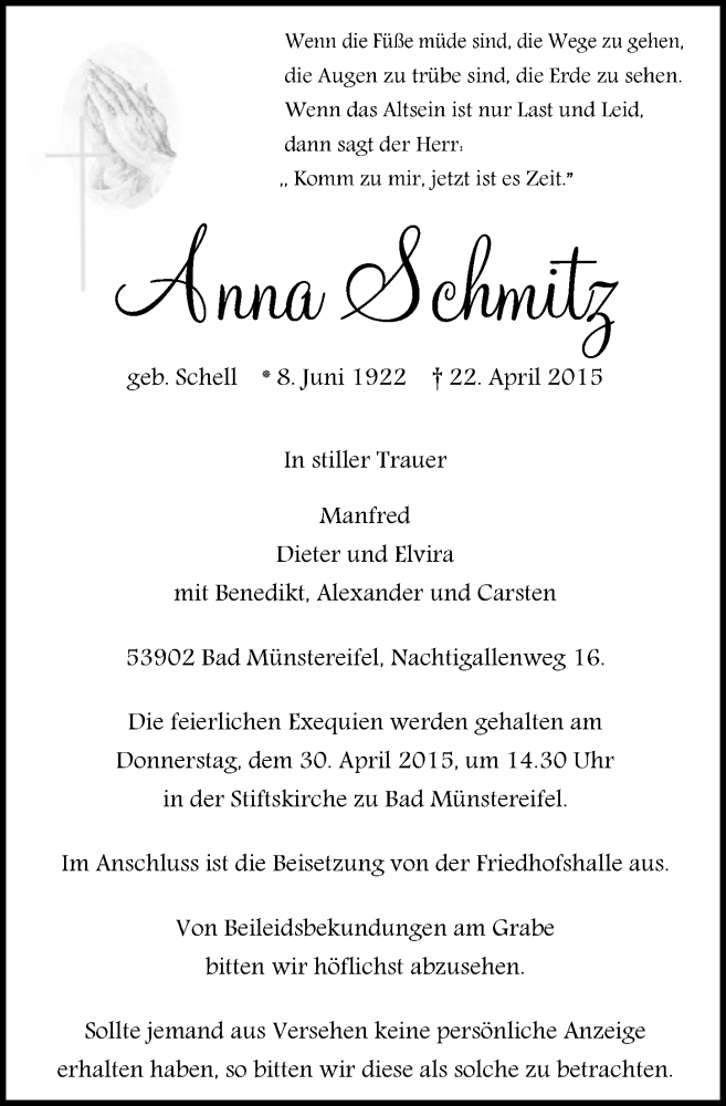  Traueranzeige für Anna Schmitz vom 26.04.2015 aus  Blickpunkt Euskirchen 