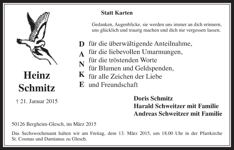  Traueranzeige für Heinz Schmitz vom 11.03.2015 aus  Werbepost 