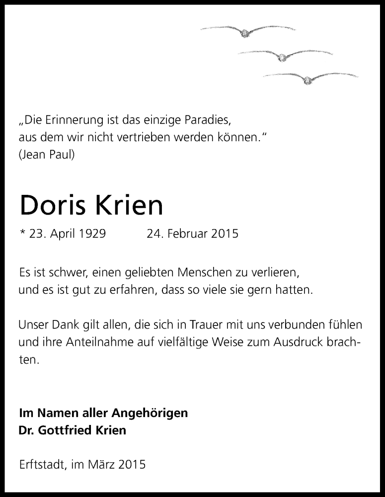  Traueranzeige für Doris Krien vom 21.03.2015 aus Kölner Stadt-Anzeiger / Kölnische Rundschau / Express