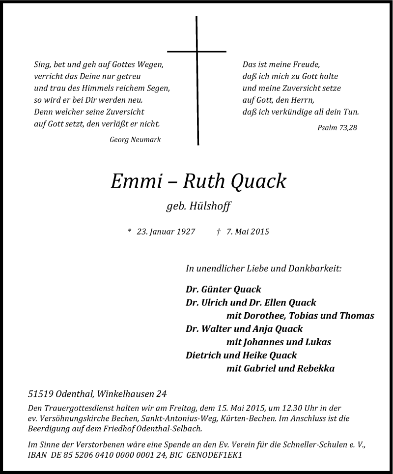  Traueranzeige für Emmi-Ruth Quack vom 09.05.2015 aus Kölner Stadt-Anzeiger / Kölnische Rundschau / Express