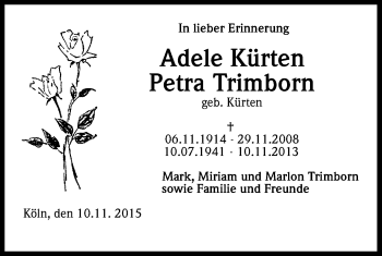 Anzeige von Adele Kürten von Köln - Wir Trauern