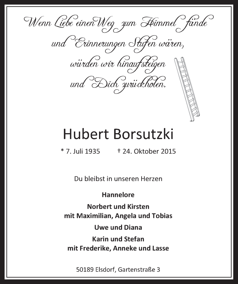  Traueranzeige für Hubert Borsutzki vom 04.11.2015 aus  Werbepost 