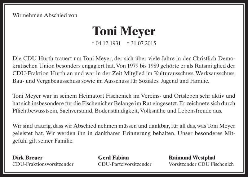  Traueranzeige für Toni Meyer vom 05.08.2015 aus  Wochenende 