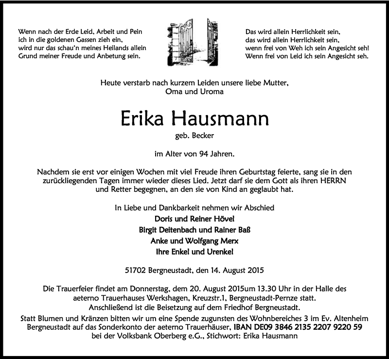  Traueranzeige für Erika Hausmann vom 19.08.2015 aus Kölner Stadt-Anzeiger / Kölnische Rundschau / Express