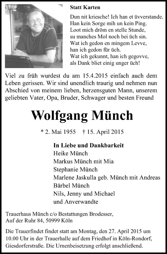  Traueranzeige für Wolfgang Münch vom 22.04.2015 aus  Kölner Wochenspiegel 