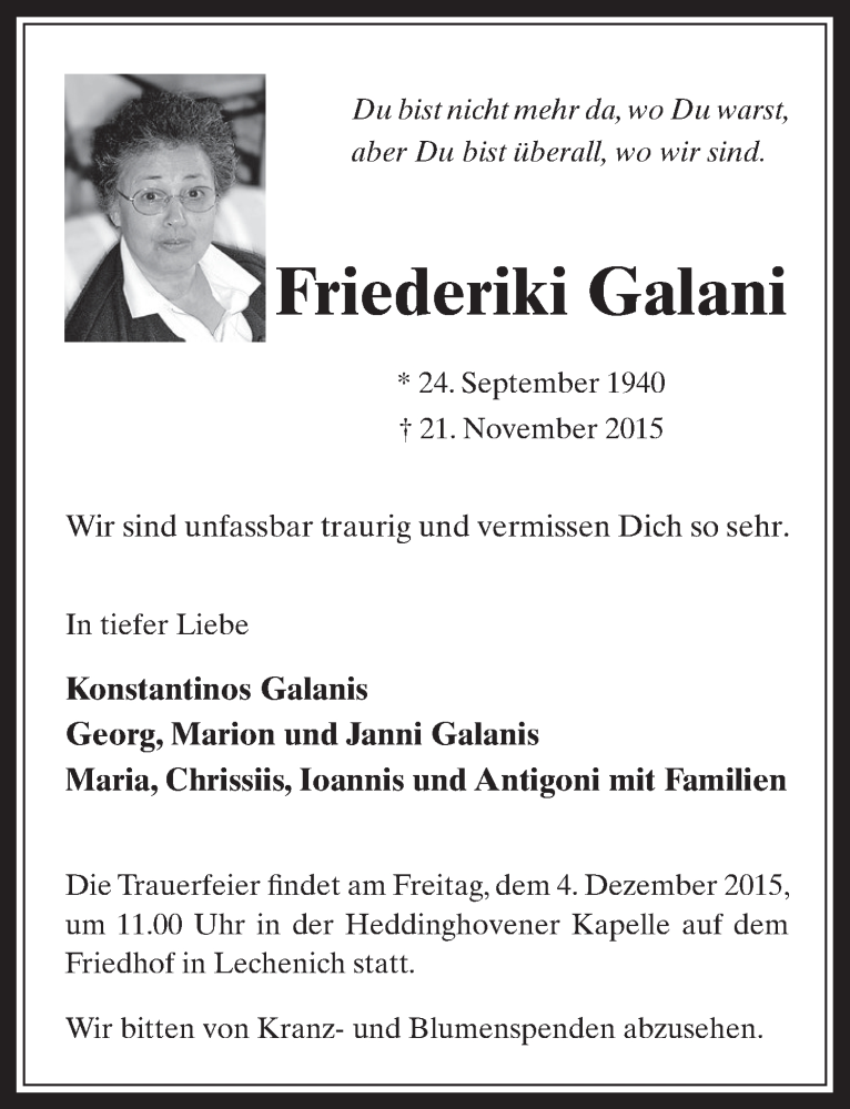  Traueranzeige für Friederiki Galani vom 02.12.2015 aus  Werbepost 