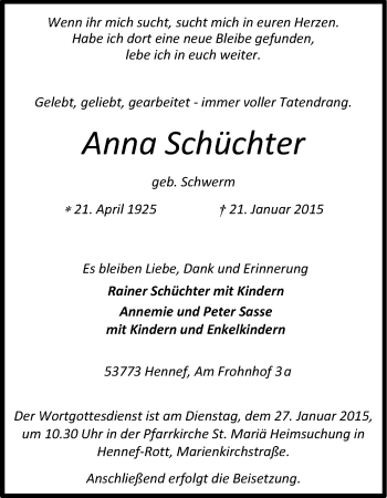 Anzeige von Anna Schüchter von Kölner Stadt-Anzeiger / Kölnische Rundschau / Express