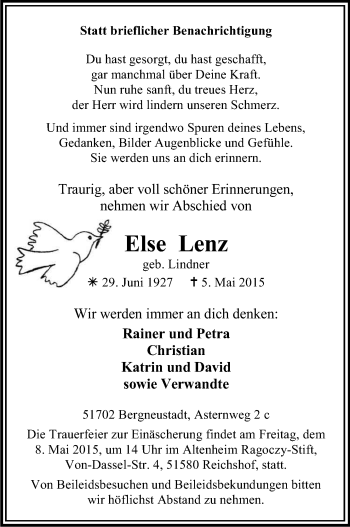 Anzeige von Else Lenz von Kölner Stadt-Anzeiger / Kölnische Rundschau / Express