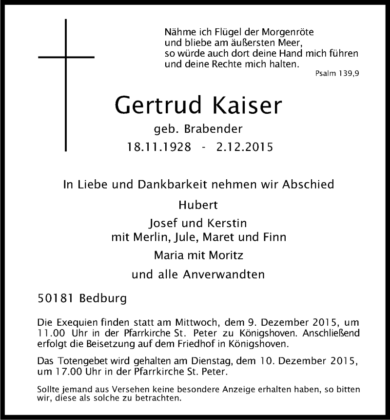  Traueranzeige für Gertrud Kaiser vom 05.12.2015 aus Kölner Stadt-Anzeiger / Kölnische Rundschau / Express