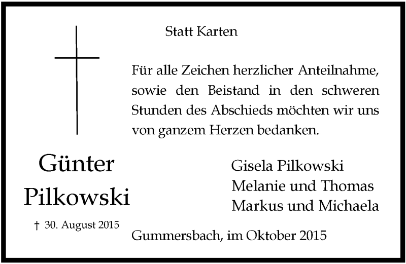  Traueranzeige für Günter Pilkowski vom 07.10.2015 aus  Anzeigen Echo 