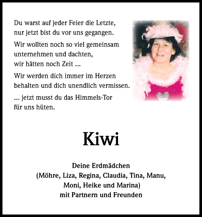  Traueranzeige für Kiwi  vom 02.05.2015 aus Kölner Stadt-Anzeiger / Kölnische Rundschau / Express