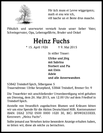 Anzeige von Heinz Fuchs von Kölner Stadt-Anzeiger / Kölnische Rundschau / Express