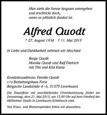 Anzeige von Alfred Quodt von Kölner Stadt-Anzeiger / Kölnische Rundschau / Express