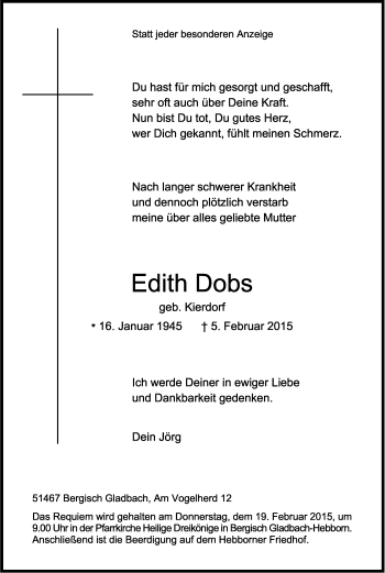 Anzeige von Edith Dobs von Kölner Stadt-Anzeiger / Kölnische Rundschau / Express